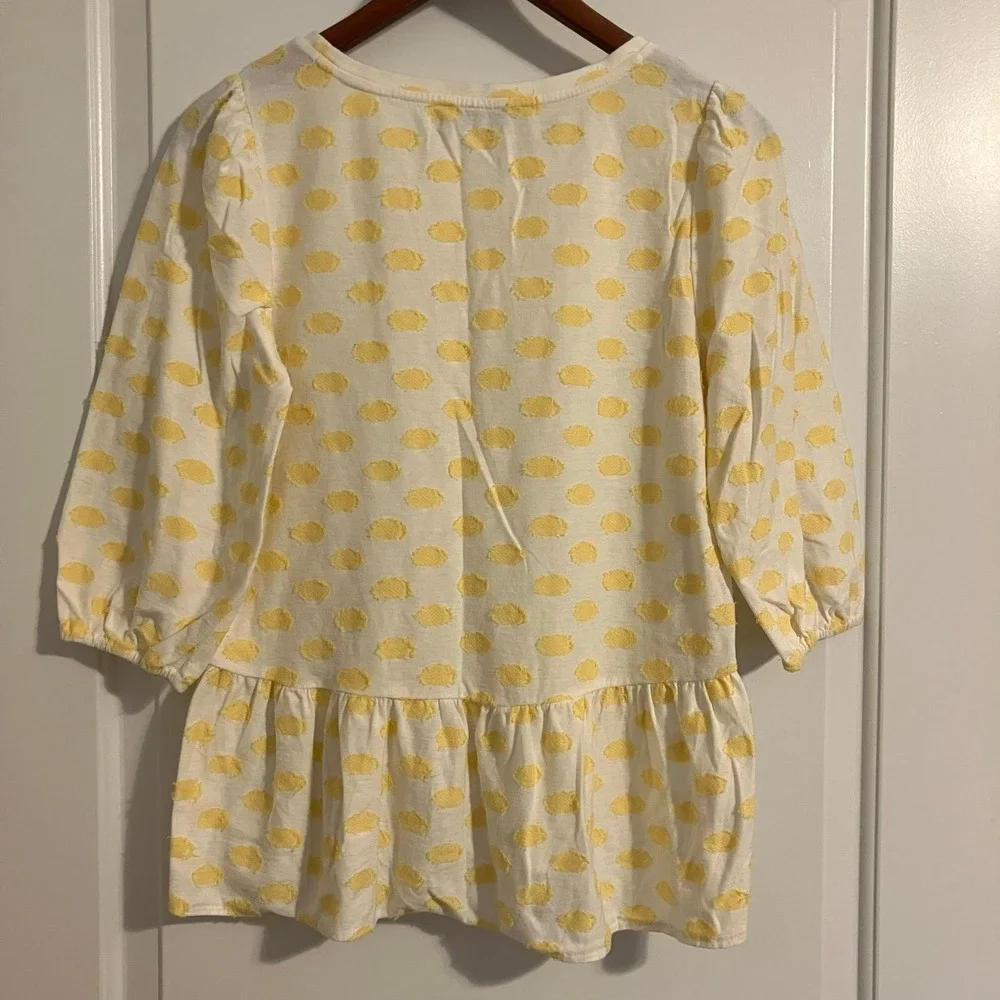 LOFT yellow &‎ white swiss dot peplum blouse with 7/8 puff sleeves women's sz S